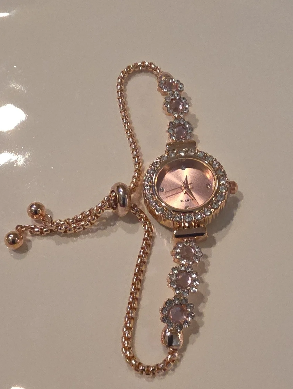 New! Gold Pink Crystal Women's Bracelet Watch - Quartz • (1035) NWOT